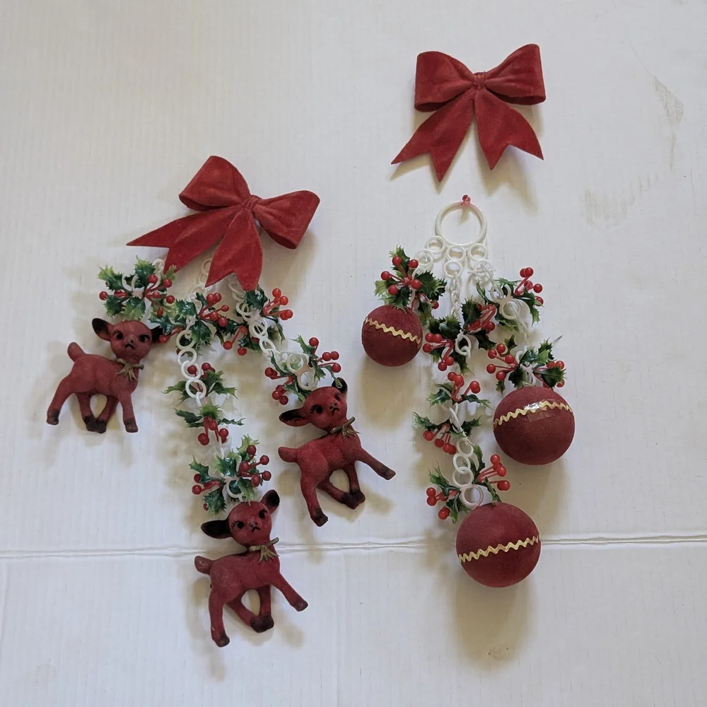 Festive Red Reindeer and Bow Ornament Set